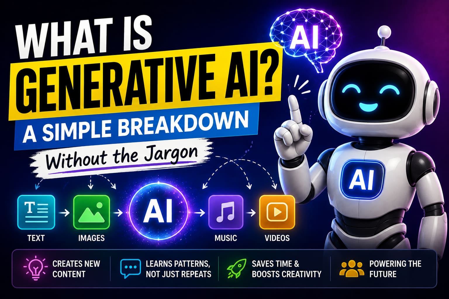 What is Generative AI infographic showing how generative AI creates text, images, music, and videos with a simple jargon-free explanation