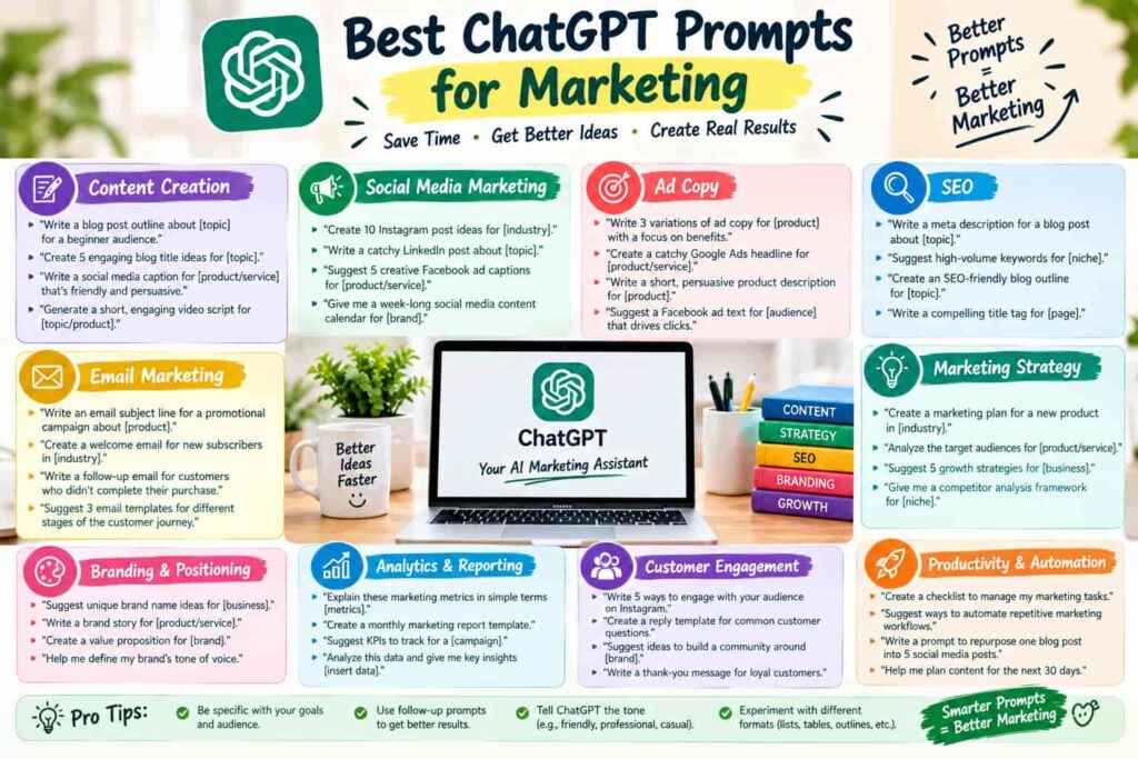 Best ChatGPT prompts for marketing covering content creation, social media, ad copy, SEO, email marketing, branding, analytics, and customer engagement
