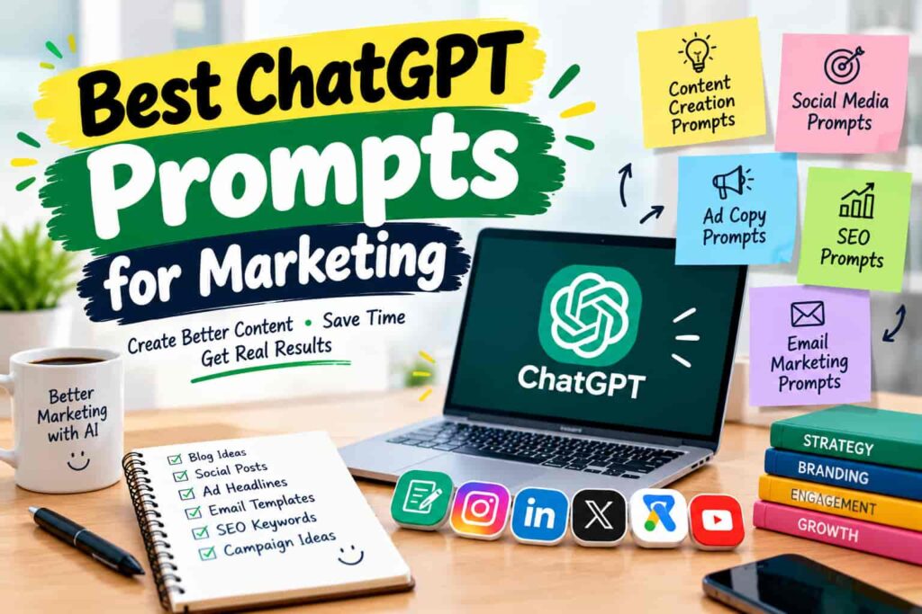 Best ChatGPT prompts for marketing, including prompts for content creation, social media, ad copy, SEO, and email marketing