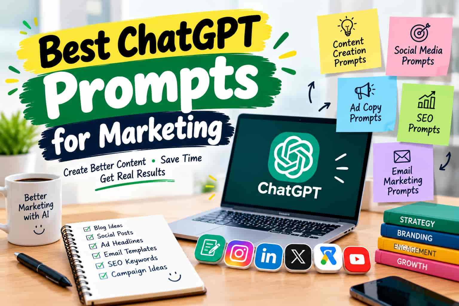 Best ChatGPT prompts for marketing, including prompts for content creation, social media, ad copy, SEO, and email marketing