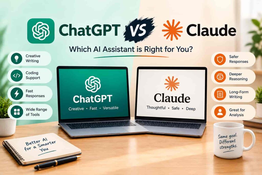 ChatGPT vs Claude comparison showing the key features, strengths, and differences between two popular AI assistants