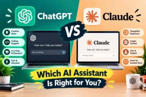 ChatGPT vs Claude comparison showing both AI assistants on laptops with their key features