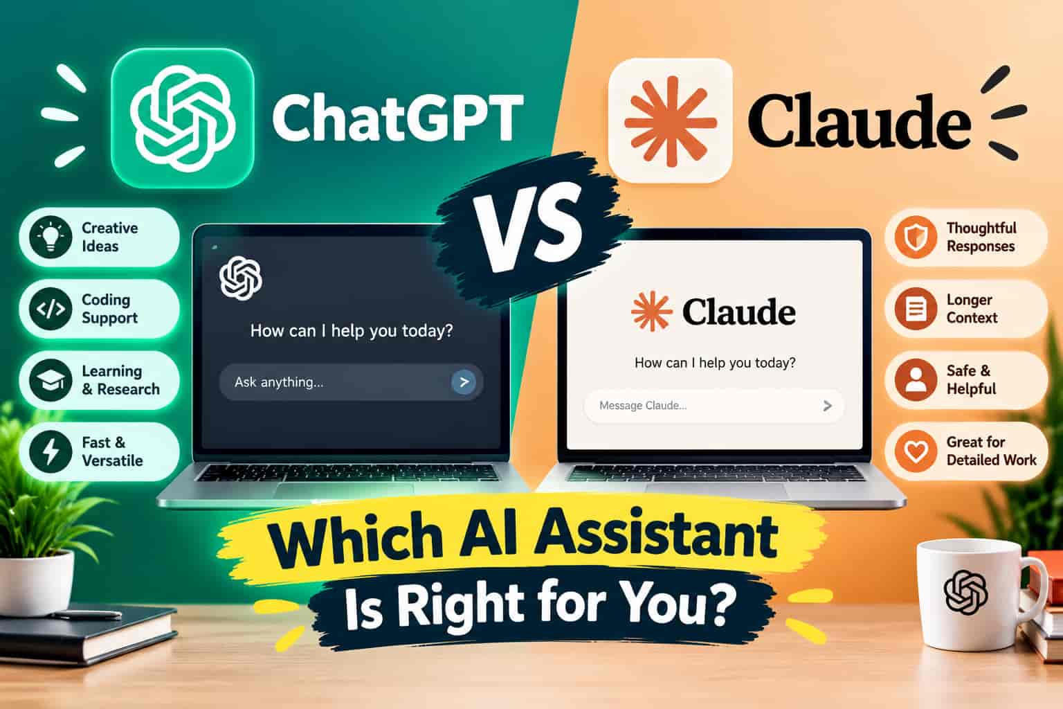 ChatGPT vs Claude comparison showing both AI assistants on laptops with their key features