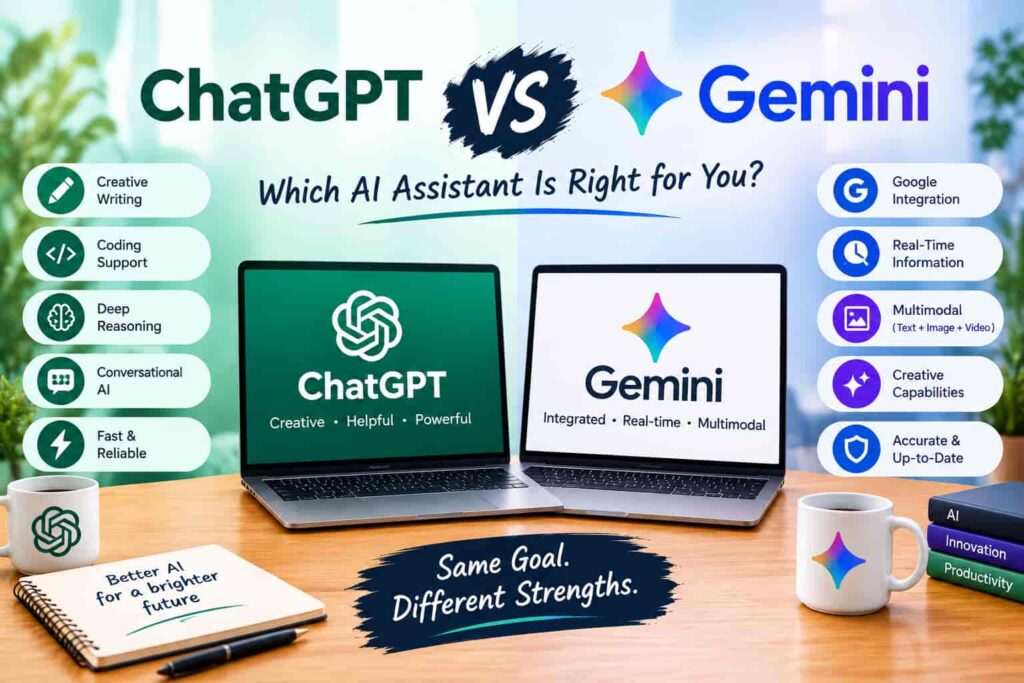 ChatGPT vs Gemini comparison image showcasing the key features, strengths, and differences between two leading AI assistants.