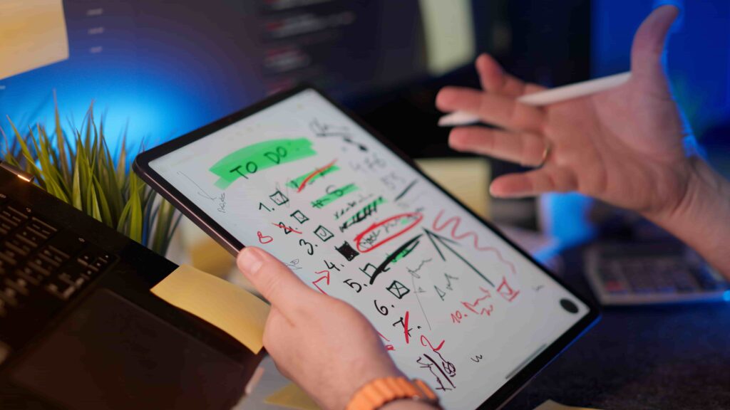 A close-up of a person holding a tablet displaying a handwritten digital "TO DO" list with checked items and colorful markings, while gesturing with a stylus in a brightly lit office setting.