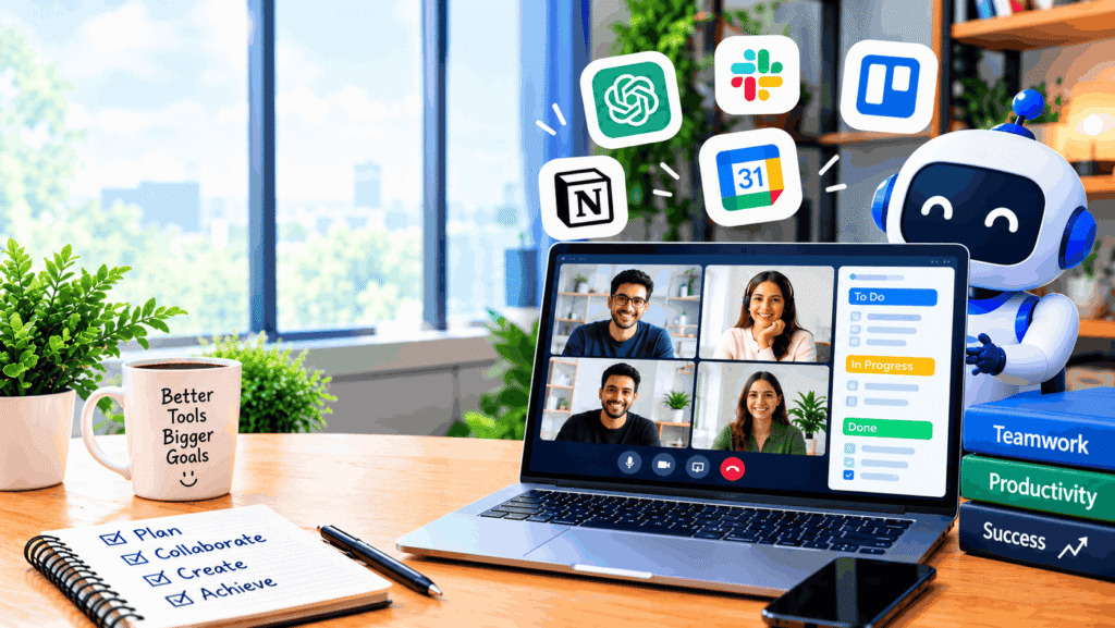 Best AI tools for remote work and team productivity, featuring ChatGPT, Slack, Trello, Notion, Google Calendar, a laptop with a team video call, task management dashboard, and a friendly AI robot in a modern workspace.