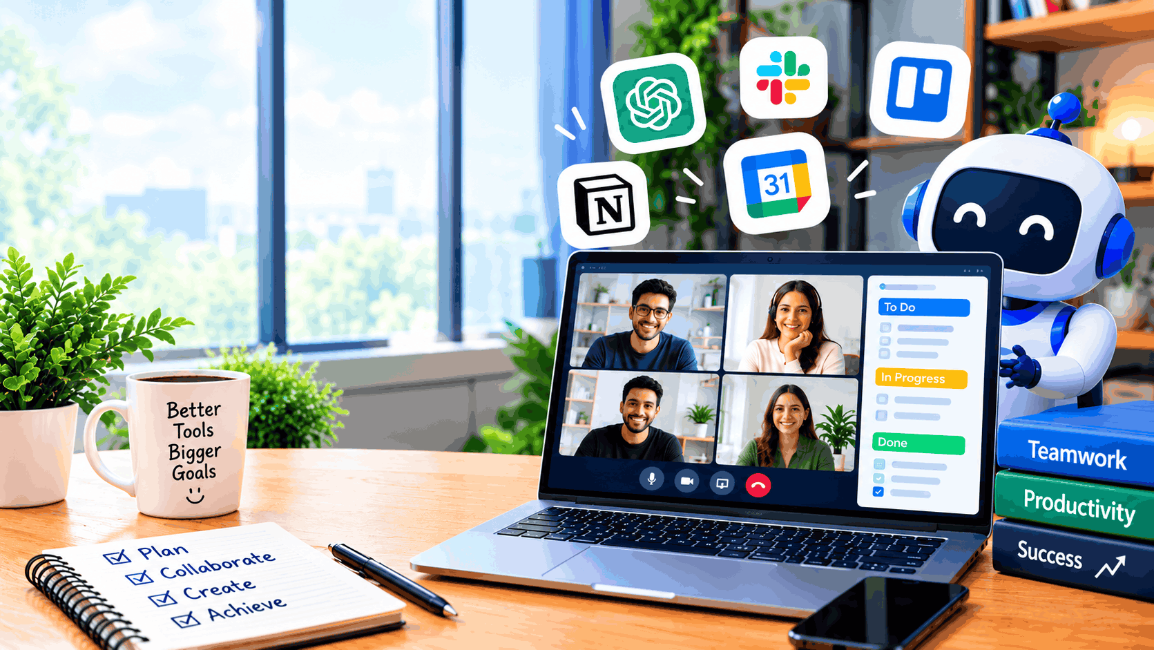 Best AI tools for remote work and team productivity, featuring ChatGPT, Slack, Trello, Notion, Google Calendar, a laptop with a team video call, task management dashboard, and a friendly AI robot in a modern workspace.