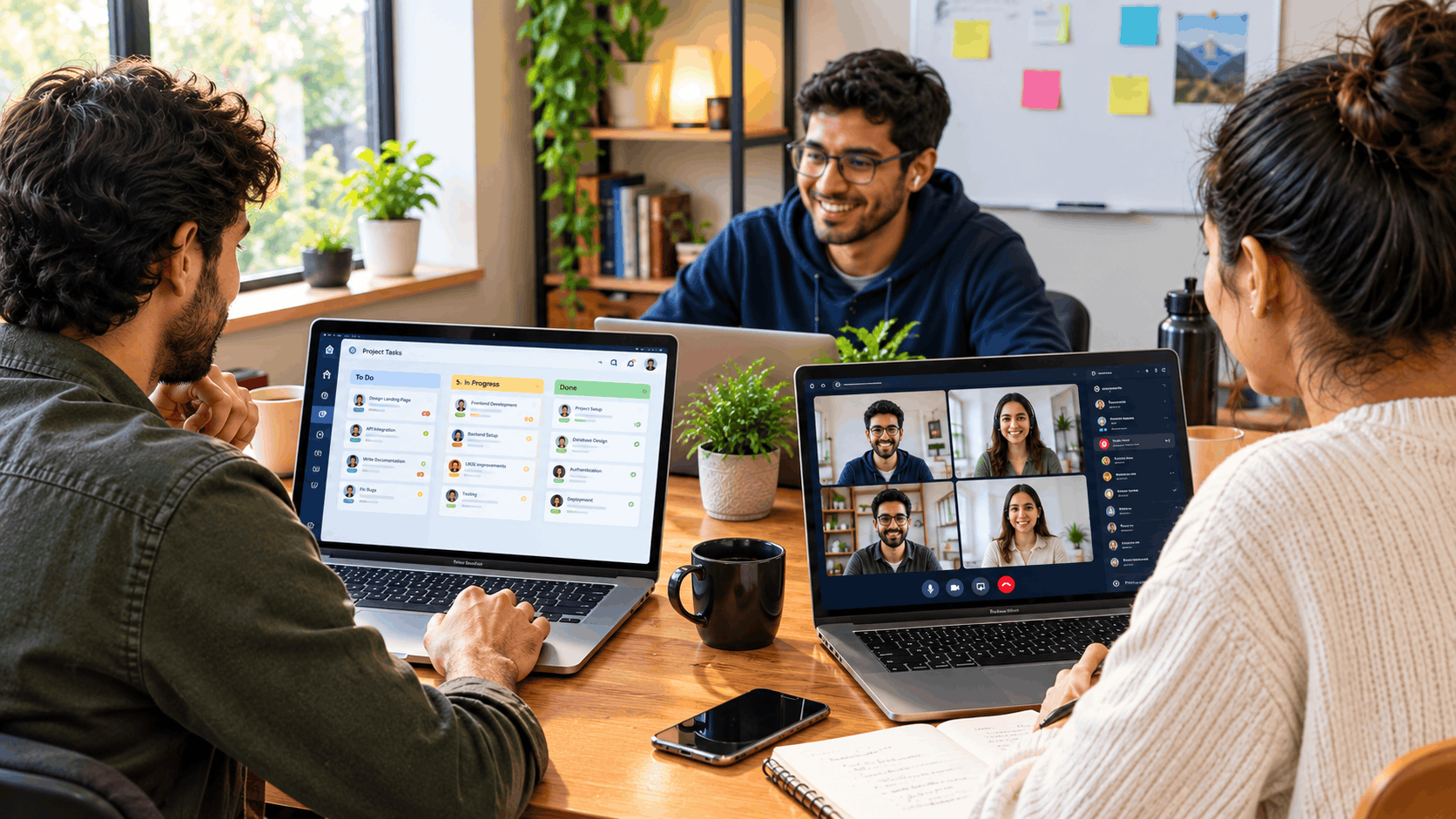 Three coworkers collaborating in a modern home office, using laptops for project management and video conferencing, with notebooks, coffee mugs, and plants on a wooden desk.