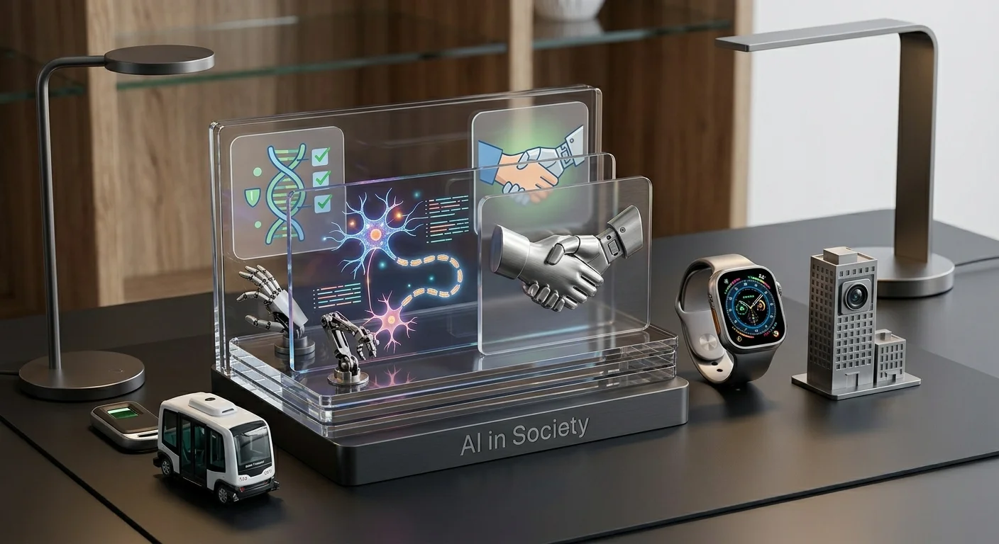 A futuristic glass display showing icons of AI technology, healthcare automation, smart devices, and daily life infrastructure.