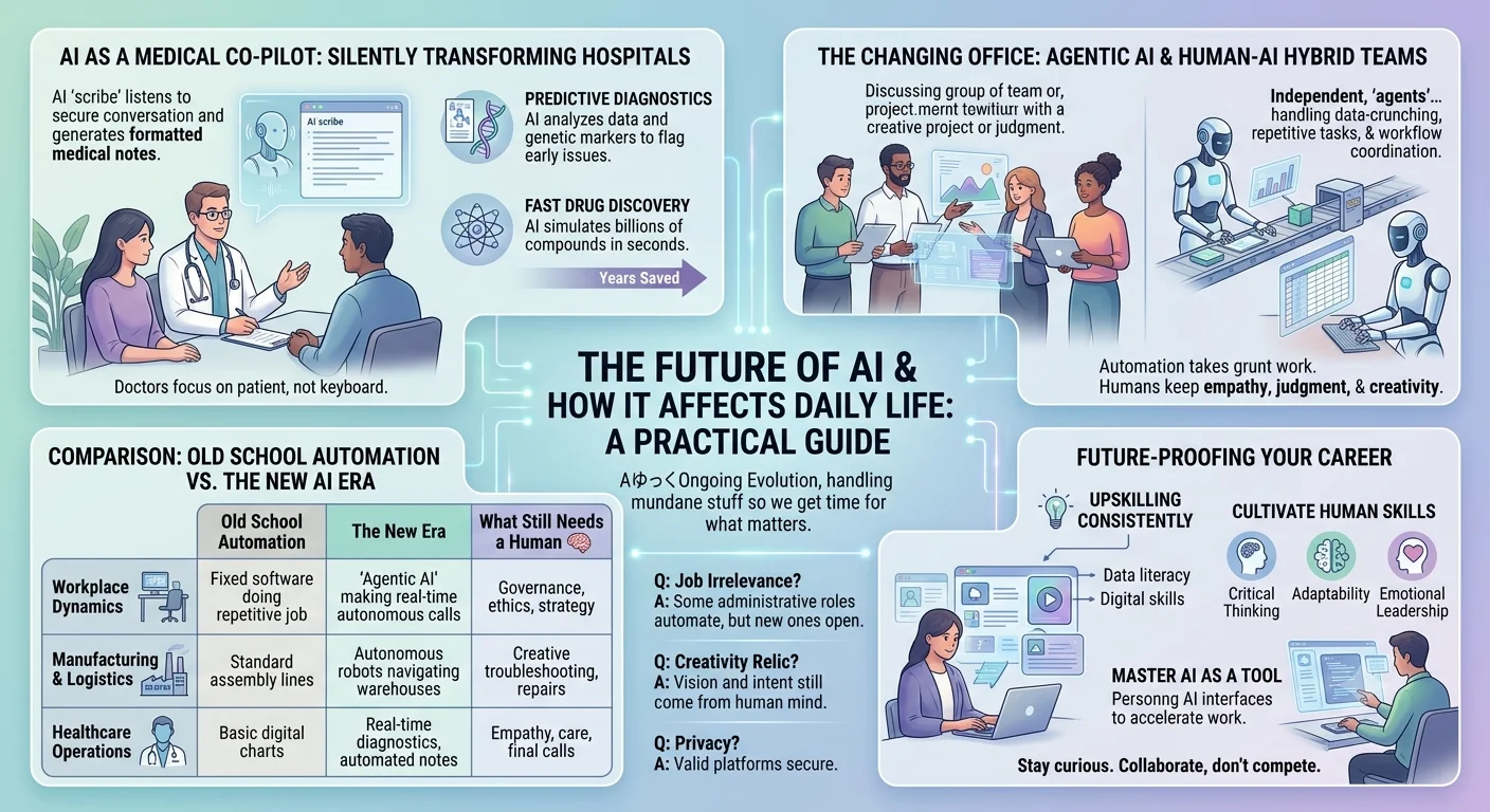 Comprehensive infographic depicting how the future of artificial intelligence impacts daily life, healthcare, and work